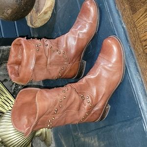 Stuart Weitzman Leather Studded Moto Boots 8